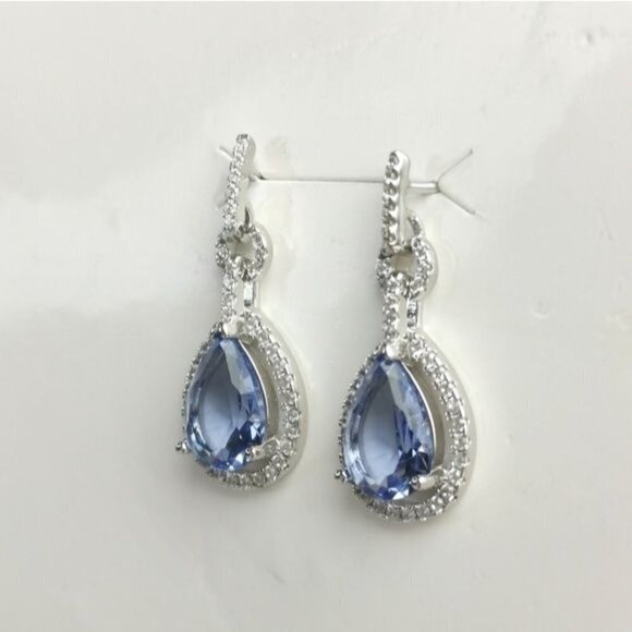 Nwt Ceylon Blue Sapphire CZ halo drop earrings in Sterling Silver - Picture 2 of 10